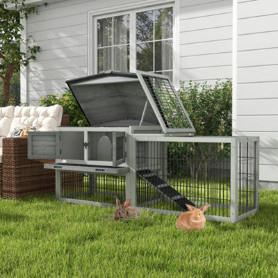Pawhut Wooden Rabbit Hutch With Run, Asphalt Roof, Pull-Out Tray, Ramp, Grey