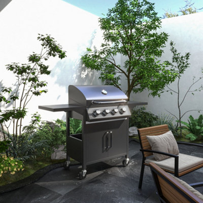Outsunny 4 Burner Gas Grill Portable Barbecue Trolley With Side Shelves from B&Q