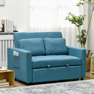 Homcom 2 Seater Sofa Bed Convertible Bed Settee With Cushions, Pockets, Blue