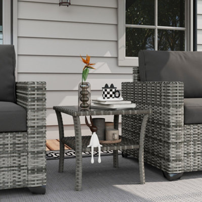 Outsunny 50Cm Outdoor Pe Rattan Coffee TableTwo-Tier Side Table With Glass TopGrey