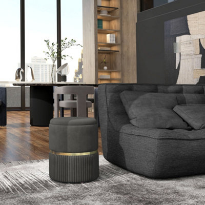 Homcom Grey Round Pouffe Storage Footstool With Cushioned Top Hidden Space