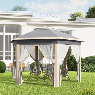 Outsunny 3X4m Hexagon Gazebo W/ Mesh Curtains Outdoor Garden, Khaki
