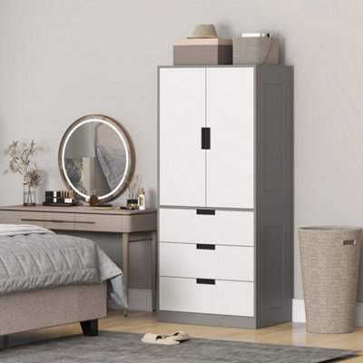 Homcom 2 Door Wardrobe Wardrobe With 3 Drawer And Hanging Rod For Bedroom Grey
