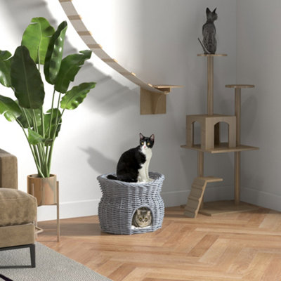 Pawhut 2-Tier Elevated Pet Cushion Bed Basket Willow Cat Tree House Condo Kennel - Image 7