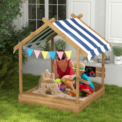Outsunny Light Sand Pit With Canopy, Blackboard, Toys, Sink, Seats, Flags For Kids - Image 5