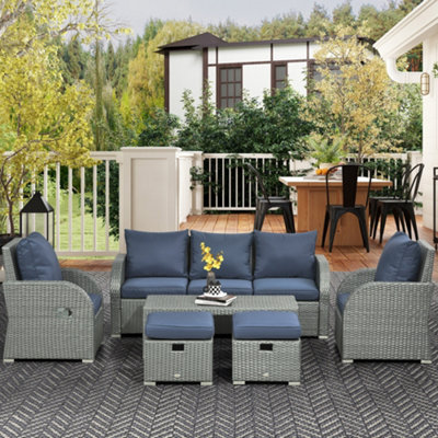 Outsunny 6Pc Padded Outdoor Rattan Wicker 3-Seat Sofa Recliner Footstool Table from B&Q