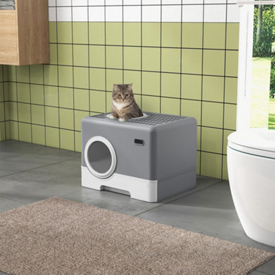 Pawhut Enclosed Cat Litter Tray With Lid, Front Entry, Top Exit, Scoop - Grey