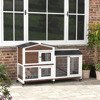 Pawhut Rabbit Hutch, Bunny Cage Outdoor 2-Tier W/ Wheels & Tray, Brown