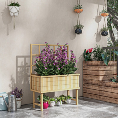Outsunny Wood Raised Planter W/ Trellis Drain Holes Elevated Garden Bed Natural