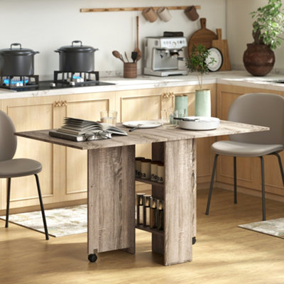 Rackhams Grey Folding Dining Table, Drop Leaf Table With 2-Tier Shelves, Rolling Casters, For Small Spaces, Kitchen, - Image 10