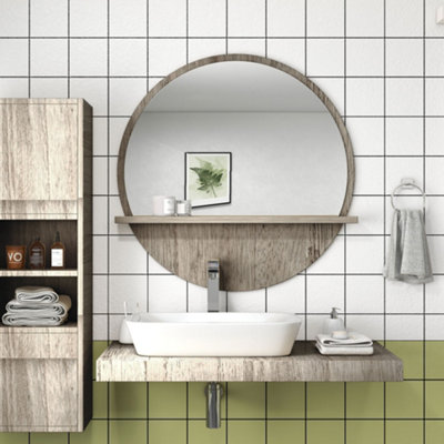 Kleankin Round Wall Mirror - Grey Wood Effect - Makeup Mirror with Shelf - 45cm - Image 6