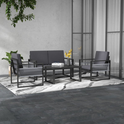 Outsunny Black Aluminium Garden Furniture Sets W/ Cushions, Slatted Top Table,