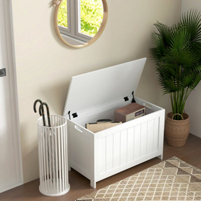 Rackhams White Storage Chest, Modern Storage Trunk With 2 Safety Hinges And Cut-Out Handles, Wooden Toy Box For Living Room, Entryway, 76 X 40 X 48 Cm, - Image 10