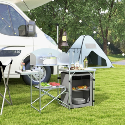 Outsunny Light Camping Kitchen With Cupboard Folding Camping Table With Carrying Bag B&Q