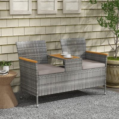 Outsunny Rattan Garden Bench W/ Wood Top Table, Wicker Chair W/ Cushions, Grey