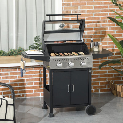 Outsunny 3 Burner Propane Gas Bbq Grill With See-Through Lid And Thermometer