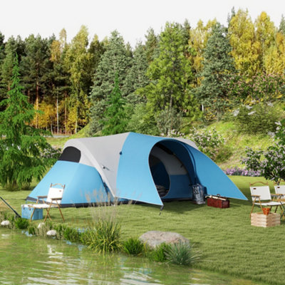 Outsunny 3000mm Waterproof Camping Tent W/ Porch & Sewn In GroundsheetBlue from B&Q