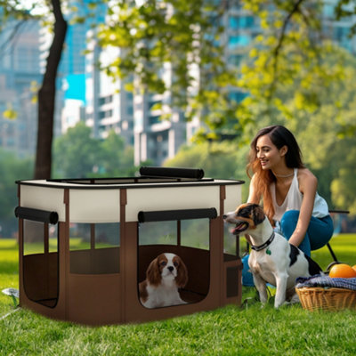 Pawhut Portable Dog Pen For Puppies, Rabbits, Kittens, Guinea Pigs - Brown