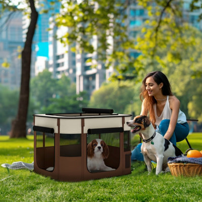 Pawhut Portable Dog Pen For Puppies, Rabbits, Kittens, Guinea Pigs - Brown