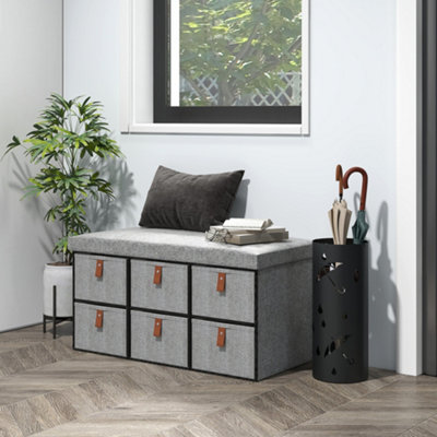 HOMCOM Shoe Bench - Grey - 6 Drawers - Cushioned Seat - MDF Frame - Polyester/Linen-look - Image 10