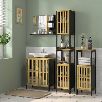 Homcom Tall Bathroom Cabinet Bamboo Bathroom Cupboard With Adjustable Shelves