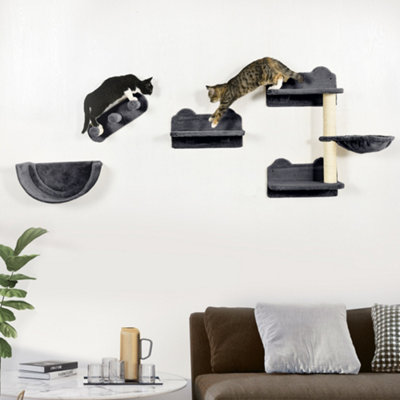 Bobobiy Dark/Grey 4Pcs Wall-Mounted Cat Shelves W/ Scratching Post, Hammock, Nest - Image 9