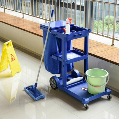 Homcom Cleaning Cart On Wheels, Housekeeping Trolley W/ 3 Tier Shelves, Blue - Image 5