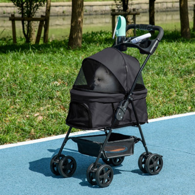 Pet Stroller Foldable Travel Carriage with Brake Basket Canopy Black - Image 3