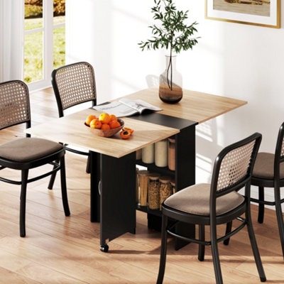 Homcom Black Mobile Drop Leaf Dining Table Folding Desk W/ 2 Wheels - Oak And - Image 9