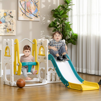 6 in 1 Toddler Climber Slide Swing Basketball Hoop Playset with Storage Yellow - Image 5