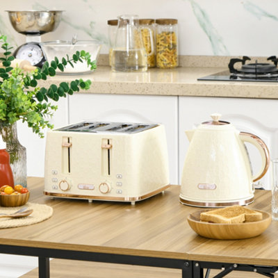 Homcom Beige Kettle And Toaster Set With Defrost Reheat And Crumb Tray 1.7L