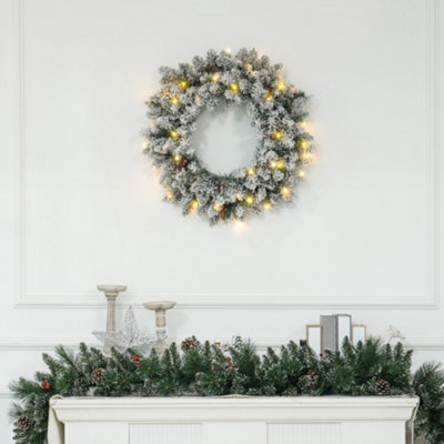 B&Q -  60Cm Flocked Christmas Wreath With Lights Pine Cones Berries Green