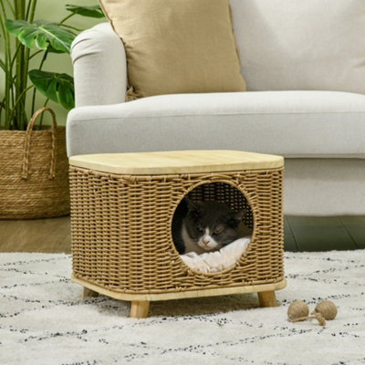 Pawhut Elevated Design Wicker Cat House With Washable CushionLight Brown from B&Q