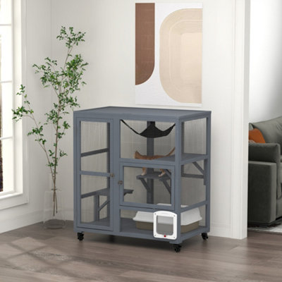 PAWHUT Indoor Catio Cat House on Wheels with Platforms, Hammock in Light Grey - Image 7