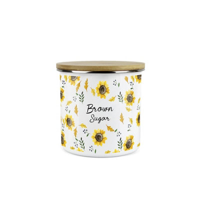 Purely Home Sunflowers Brown Sugar Storage Canister - White Floral Metal Enamel Medium Sized Food Storage Container