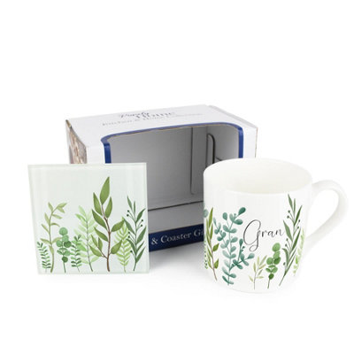 Purely Home Gran Mug & Coaster Gift SetGreen Leaves & Foliage Indoor Plants Bone China Mug And Glass Coaster SetTea/coffee Present from B&Q