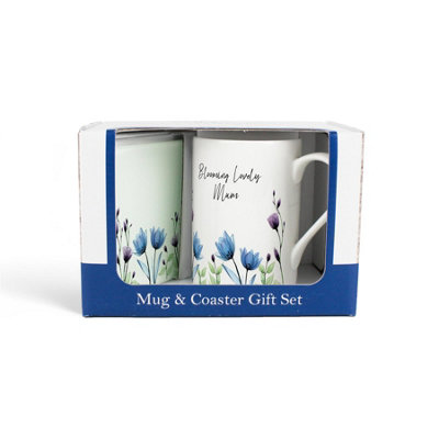 Purely Home Mum Mug & Coaster Gift Set - Blooming Lovely Mum Flowers Bone China Mug And Glass Coaster Set - Tea/Coffee Present Blue/Purple