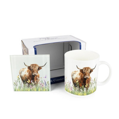 Purely Home Highland Cow Mug & Coaster Gift SetBrown Cow Bone China Mug And Glass Coaster SetTea/coffee Present from B&Q