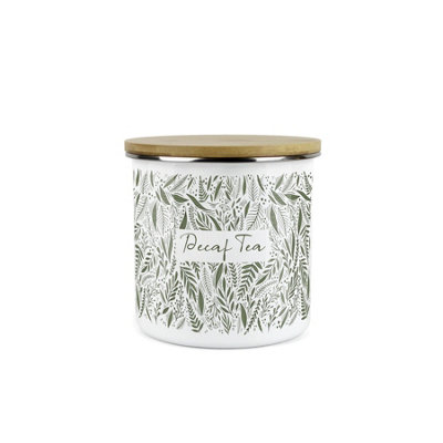 Purely Home Leaves Decaf Tea Storage CanisterGreen Leaves Palm Print White Metal Enamel Medium Sized Food Storage Container from B&Q