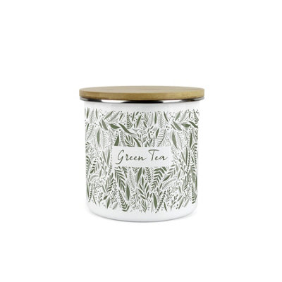 Purely Home Leaves Green Tea Storage CanisterGreen Leaves Palm Print White Metal Enamel Medium Sized Food Storage Container from B&Q