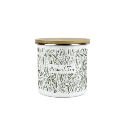 Purely Home Leaves Herbal Tea Storage CanisterGreen Leaves Palm Print White Metal Enamel Medium Sized Food Storage Container from B&Q