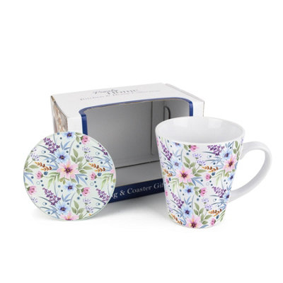 Purely Home Mug & Coaster Gift SetPastel Flowers Ceramic Latte Cup And Glass Coaster SetTea/coffee Present from B&Q