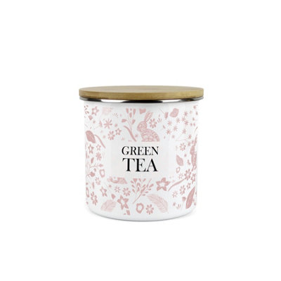 B&Q -  Wild Rabbits Green Tea CanisterPink Metal Enamel Medium Sized Kitchen Food Storage Container