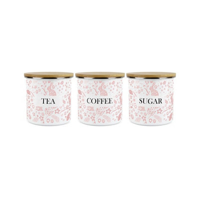 B&Q -  Rabbits Kitchen Storage Canister SetWhite And Pink Metal Tea Coffee Sugar Enamel Kitchen Food Storage Containers Set Of 3 - Image 3