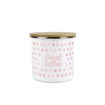 Purely Home Pink Polka Dots Decaf Coffee Storage Canister - Spotty Dotty Pink And White Metal Enamel Medium Sized Food Storage Container