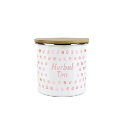 Purely Home Pink Polka Dots Herbal Tea Storage CanisterSpotty Dotty Pink And White Metal Enamel Medium Sized Food Storage Container from B&Q