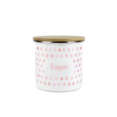 Purely Home Pink Polka Dots Sugar Canister - Spotty Dotty Pink And White Metal Enamel Medium Sized Food Storage Container