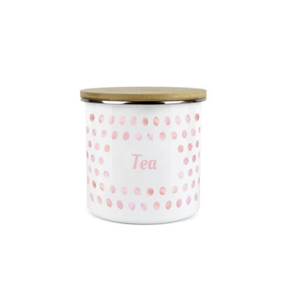 Purely Home Pink Polka Dots Tea CanisterSpotty Dotty Pink And White Metal Enamel Medium Sized Food Storage Container from B&Q