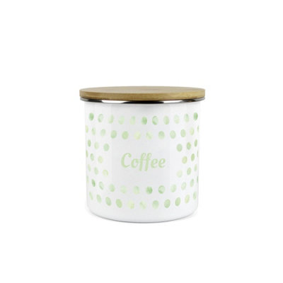 Purely Home Green Polka Dots Coffee Storage Canister - Spotty Dotty Green And White Metal Enamel Medium Sized Food Storage Container
