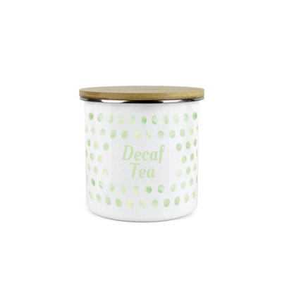 Purely Home Green Polka Dots Decaf Tea Storage CanisterSpotty Dotty Green And White Metal Enamel Medium Sized Food Storage Container from B&Q